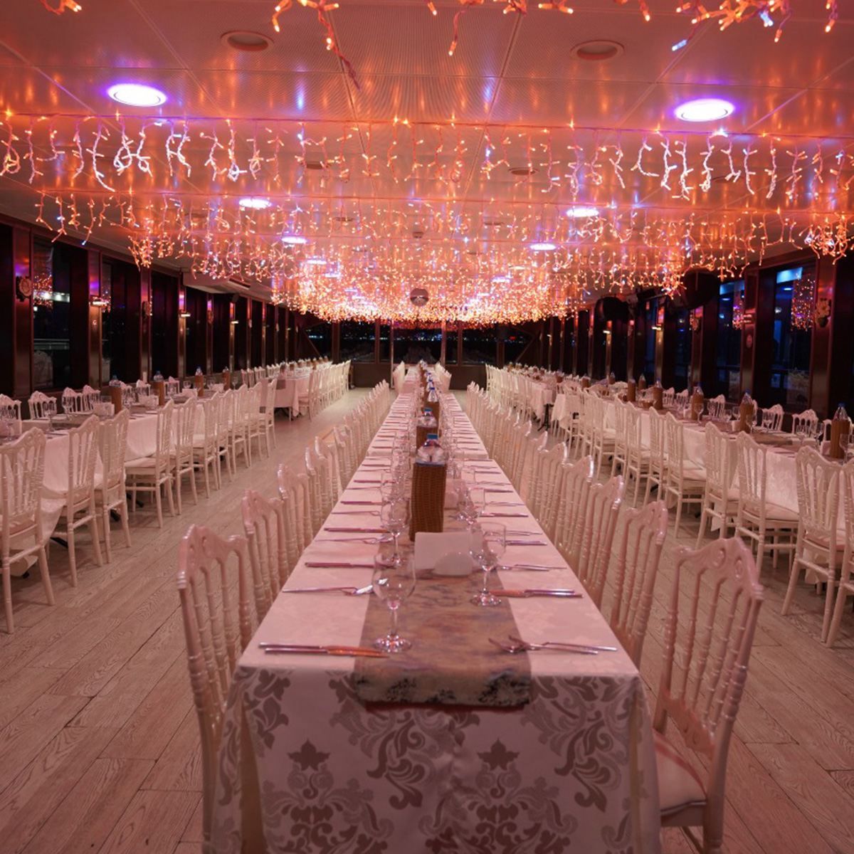 Elegant dining hall set up before guests arrive