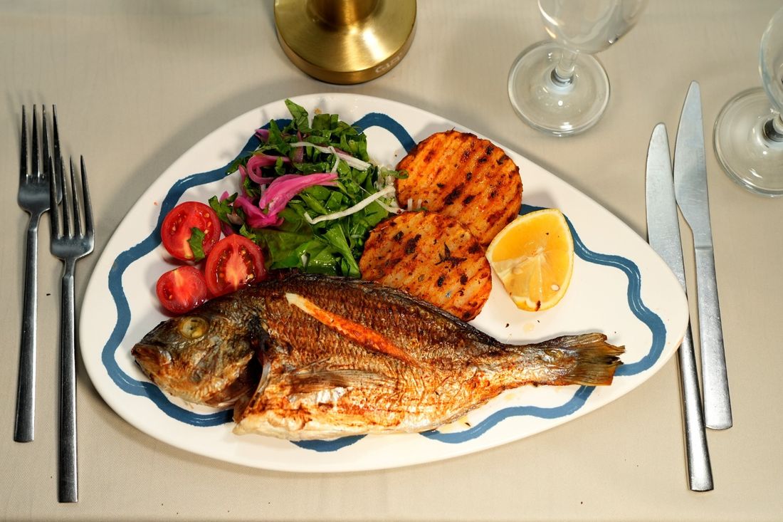 Grilled fish fillet plated with fresh vegetables